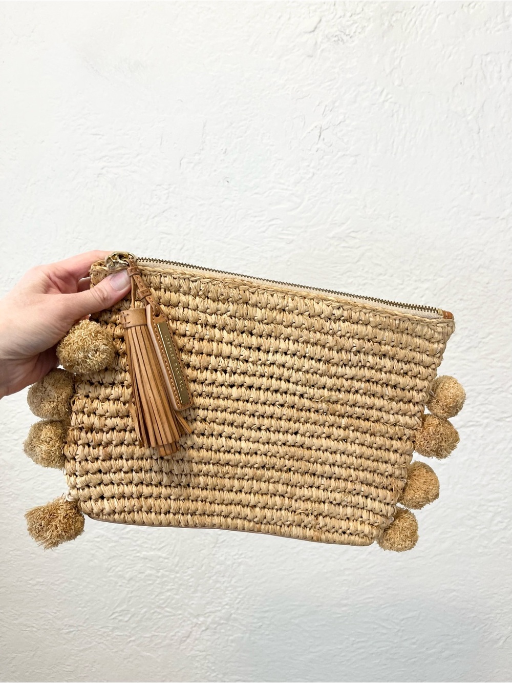 Loeffler Randall Clutch Bag Raffia Woven Pom Fringe Tassel